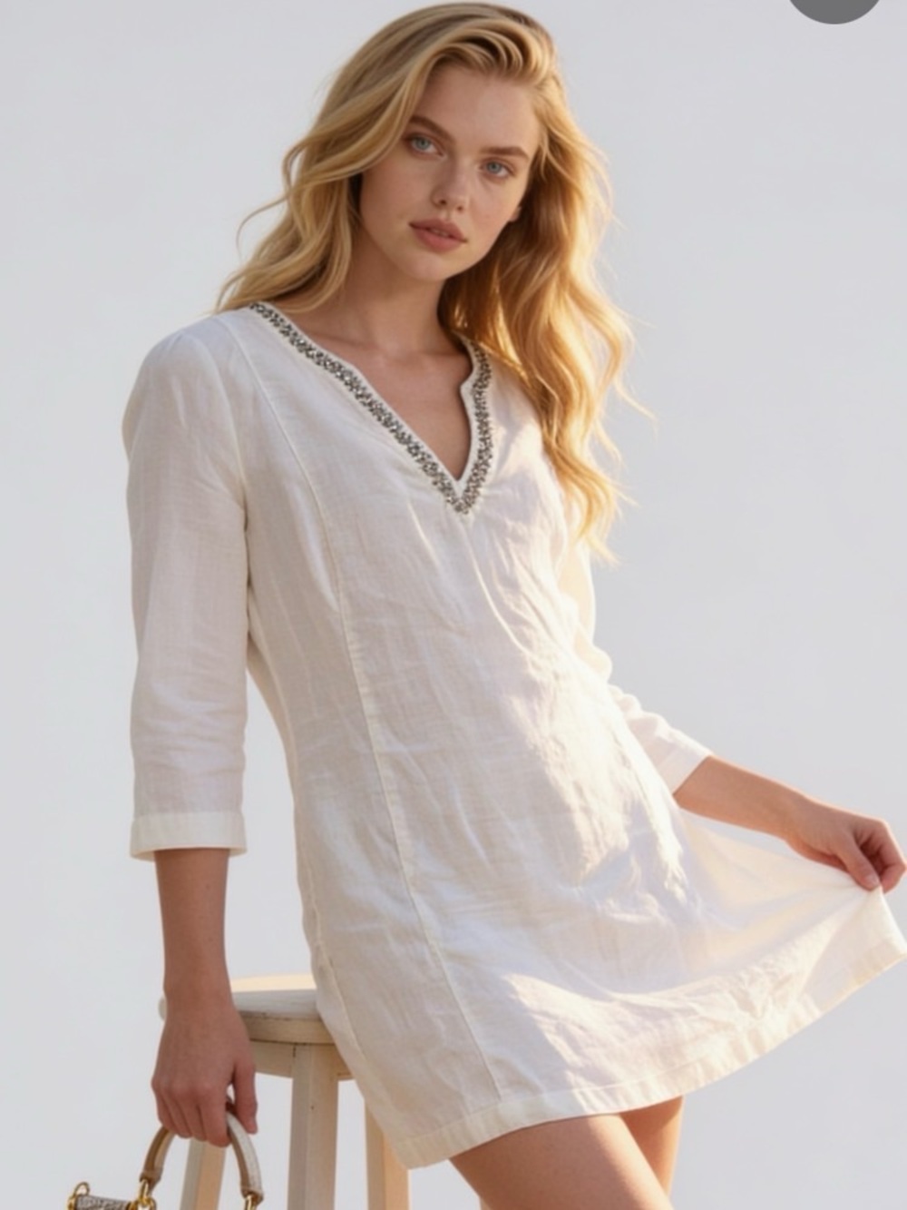 NWOT Embellished V-Neck White Linen Tunic Top/ Beach Cover Up